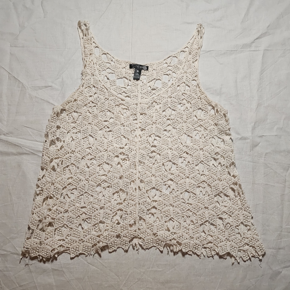 Aqua Tank Top Women's Small Beige Sleeveless Shirt Round Neck Cover Up Top